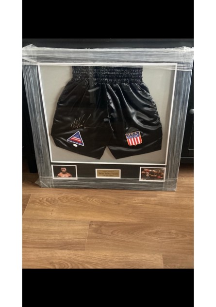 Mike Tyson Signed Boxing Shorts Display