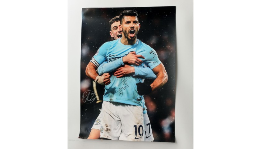Signed Photograph of Sergio Aguero and Phil Foden, Manchester City vs Swansea 