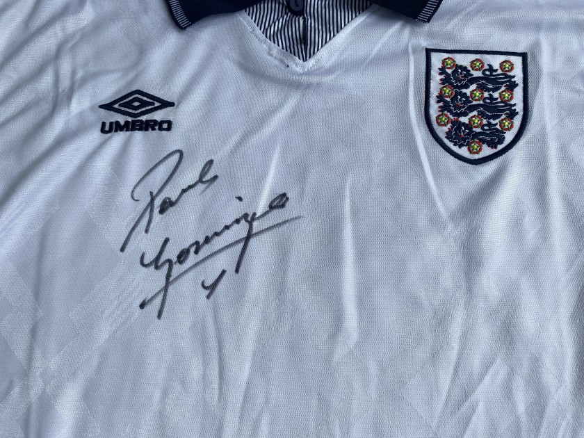 Maglia da calcio 1990 autografata da Paul Gascoigne. Cornice