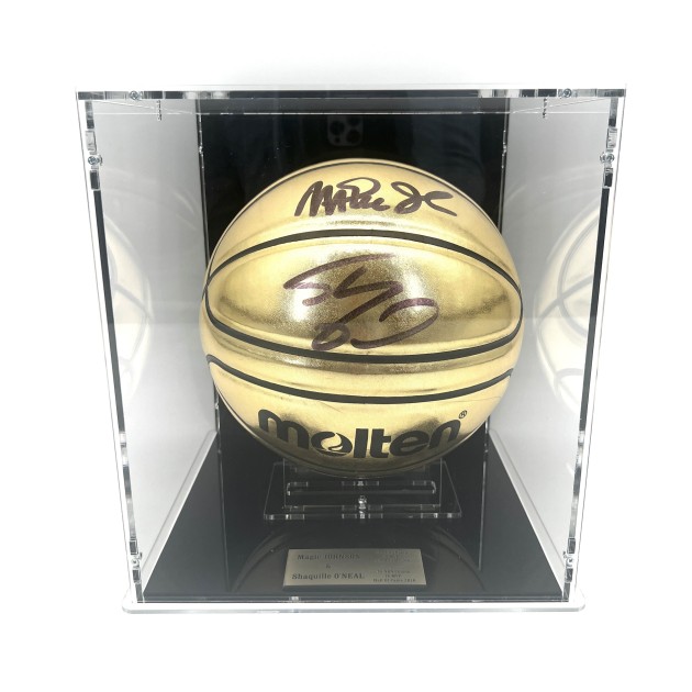 Shaquille O'Neal and Magic Johnson Signed Basketball in Display Case