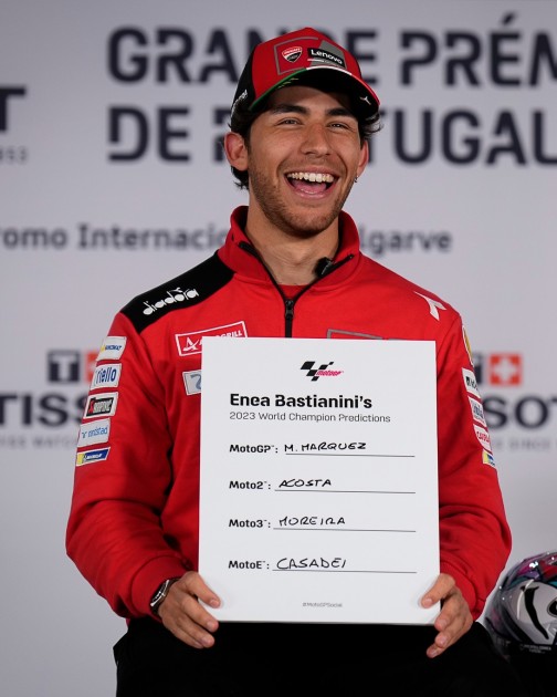 Enea Bastianini's Signed 2023 World Champion Predictions Board from the First Official Press Conference of the 2023 MotoGP™ Season