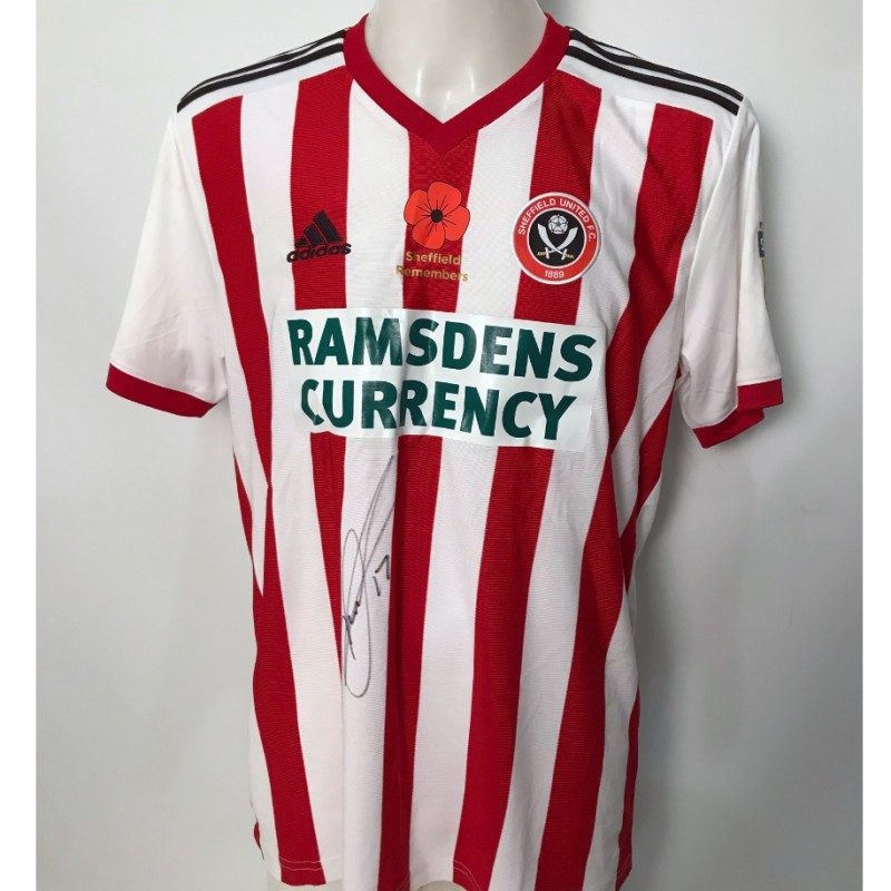 David McGoldrick's Sheffield United Worn and Signed Poppy Home Shirt 