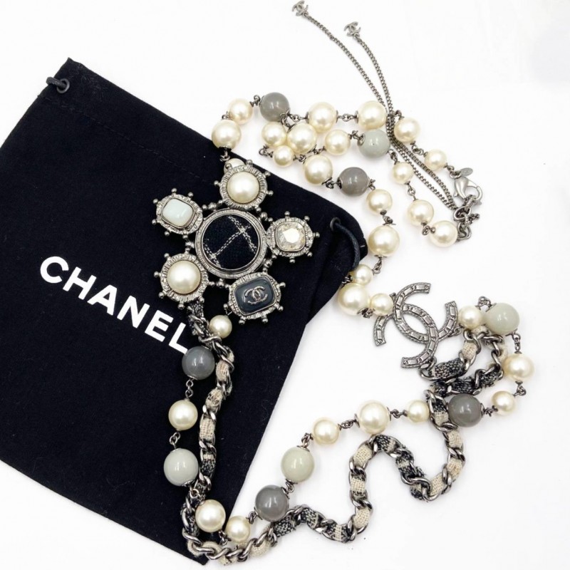 Chanel Grey CC Pearl Grey Stone Tweet Necklace