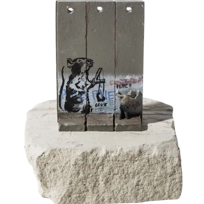"Souvenir Wall Three Part (Slingshot Rat)" by Banksy