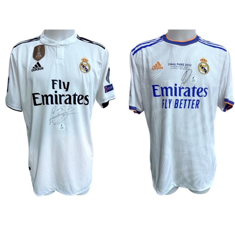 Collection of Two Real Madrid UCL Replica Shirts - Signed by Gareth Bale and Vinicius Junior