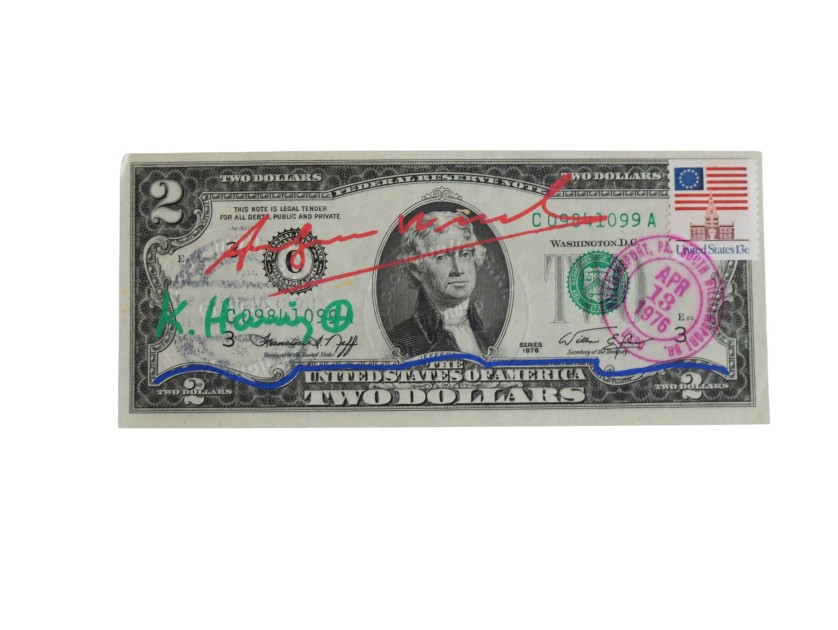 Two-Dollar Bill Hand Signed by Keith Haring and Andy Warhol