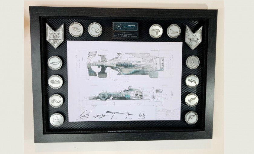 Lewis Hamilton Mercedes Signed Print and Medals