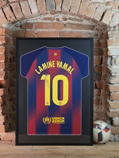 Maglia Barcellona Yamal in cornice deluxe di alta qualità - Autografata