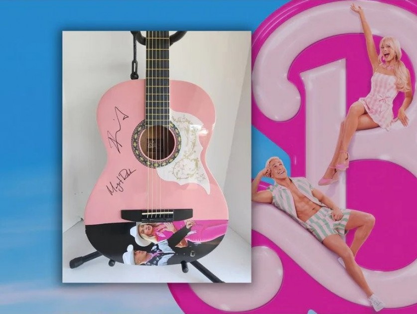 Ken and Barbie Acoustic Guitar Signed By Ryan Gosling and Margot Robbie 
