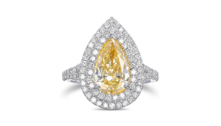 3.06 Carat Fancy Light Yellow Pear Diamond Halo 18Kt White Gold Ring