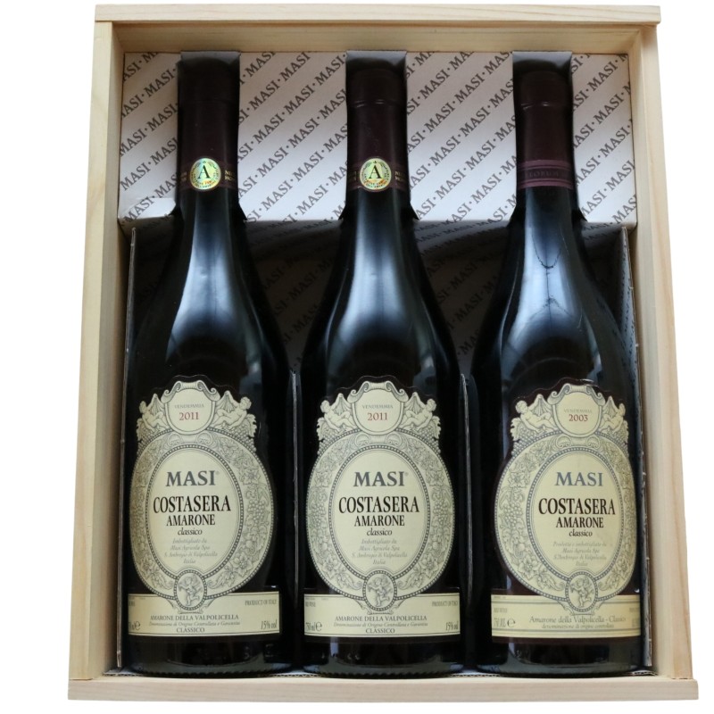 Collection of 3 Masi Costasera Amarone Bottles with Original Wooden Case