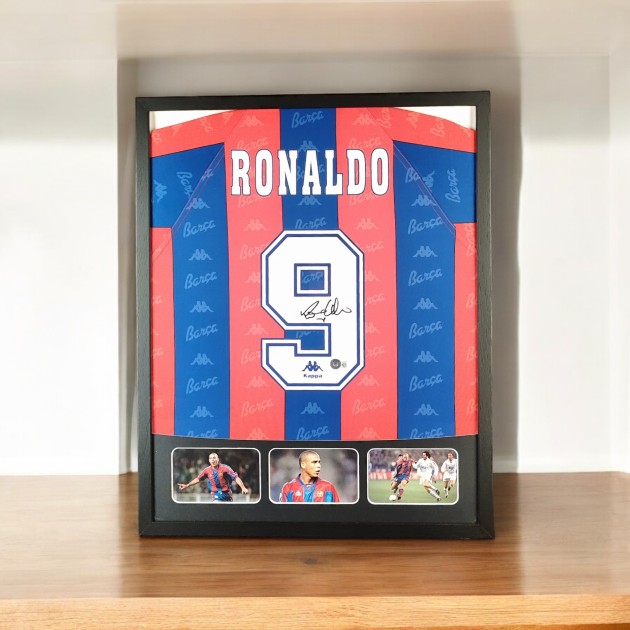 Ronaldo Nazario's Barcelona Signed Shirt in a Deluxe High-Quality Frame