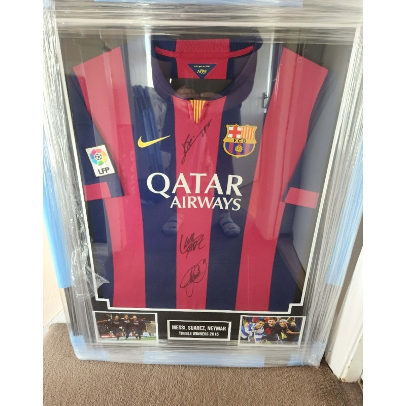 Messi, Suarez and Neymar Signed and Framed 2015 FC Barcelona Shirt