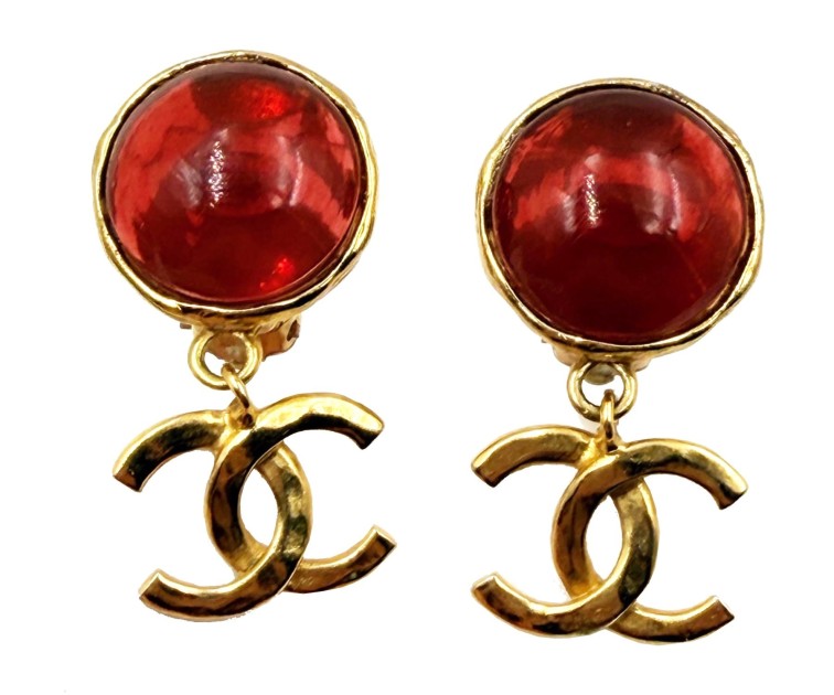 Chanel Vintage Red Stone CC Clip on Earrings