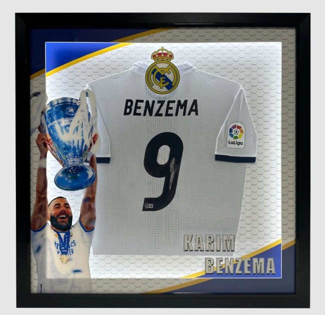 Maglia Real Madrid di Benzema firmata e incorniciata con sistema di illuminazione a LED