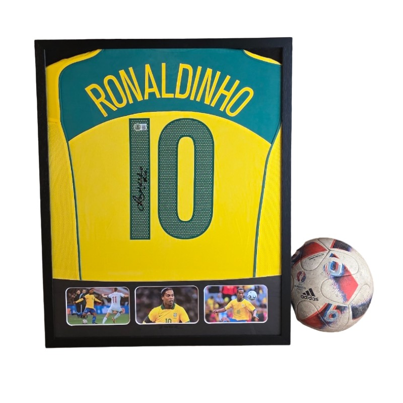 Ronaldinho's Brazil Signed Shirt in a Deluxe High-Quality Frame