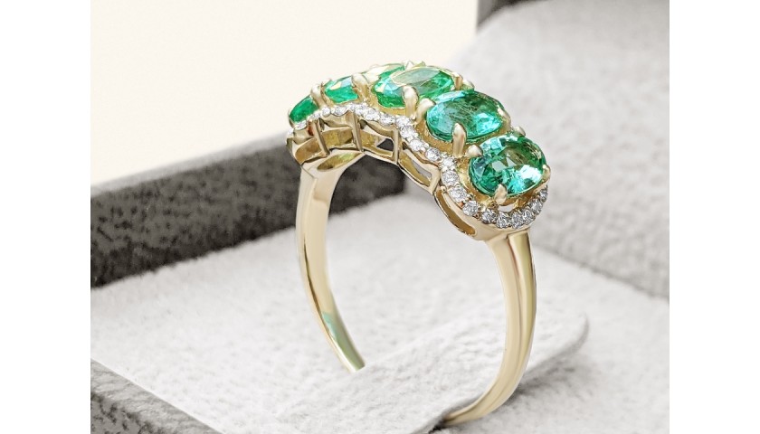 Half Eternity Emerald And Diamond Ring  set in 14K Gold