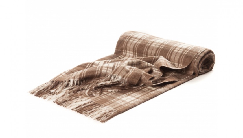 Cashmere Maxi Plaid Blanket with Beige-Brown Micro Check Pattern 
