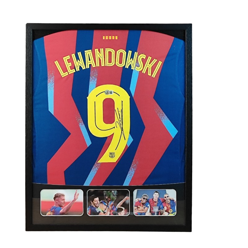 Maglia Robert Lewandowski Barcellona in cornice deluxe di alta qualità - Autografata