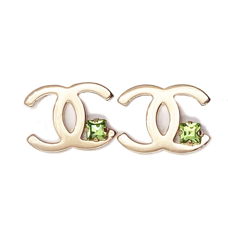 Chanel Light Gold CC Green Crystal Piercing Earrings
