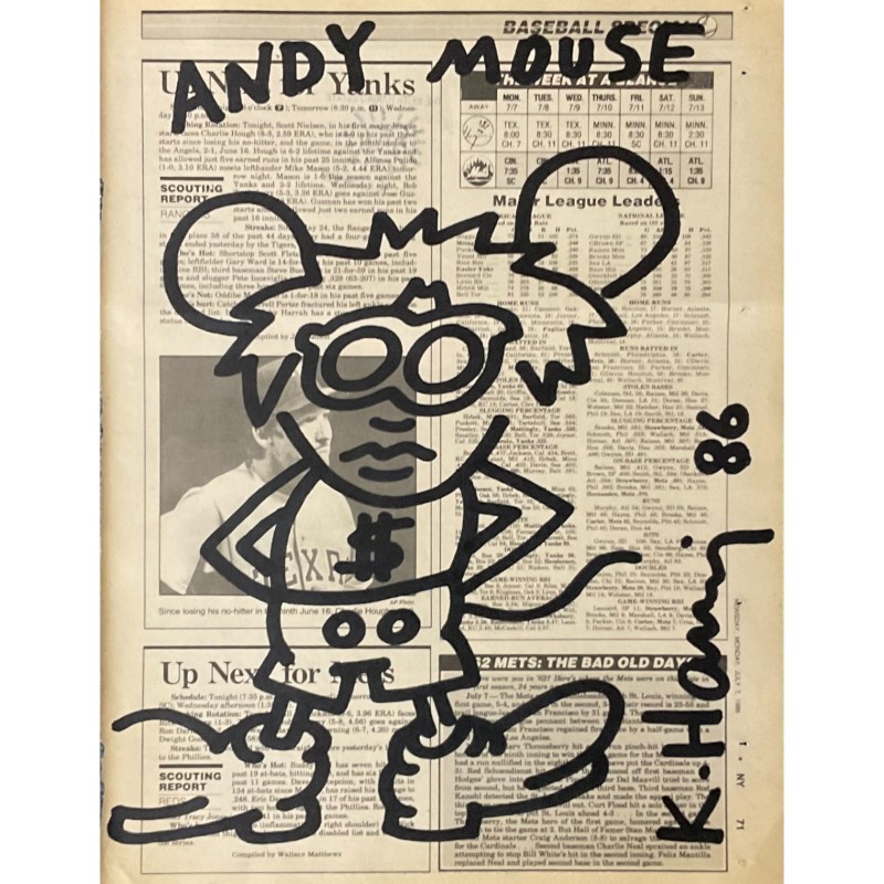 Disegno su giornale "Andy Mouse" di Keith Haring (attribuito)