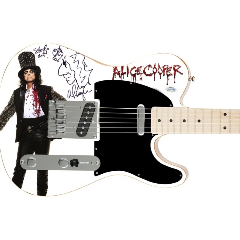 Chitarra Fender Custom Graphics firmata da Alice Cooper con testi e bozzetti