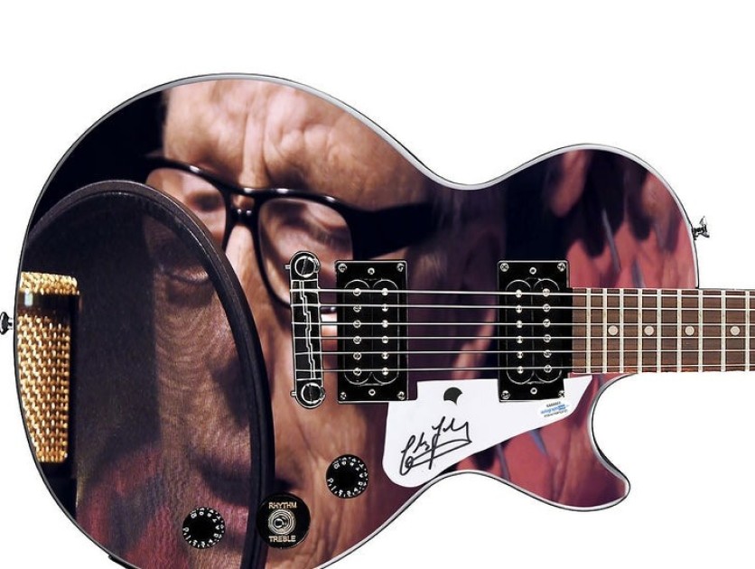 Chris Farlowe Signed Pickguard on a Custom Epiphone Les Paul Guitar