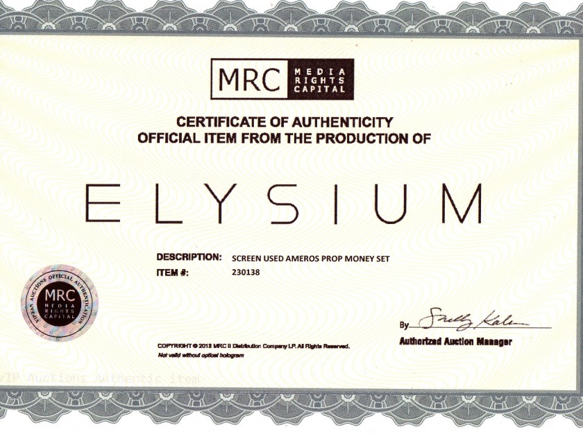 Prop money used in the movie ELYSIUM
