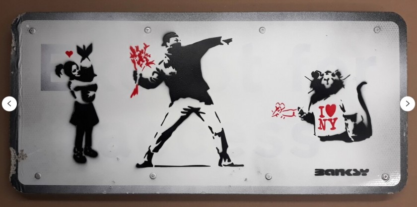 Flower Thrower - Bomb Hugger - I Love NY Metal Road Sign By Banksy (Attributed)