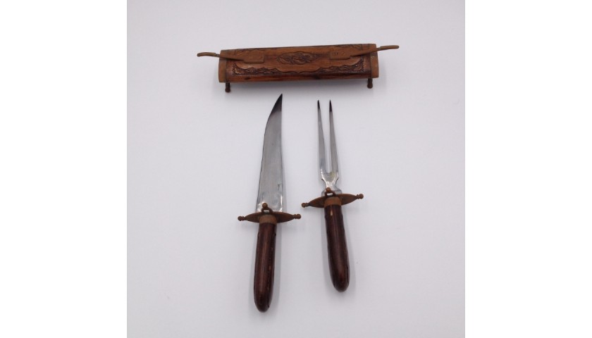 Hand Carved Indian Knife and Fork with Wooden Case