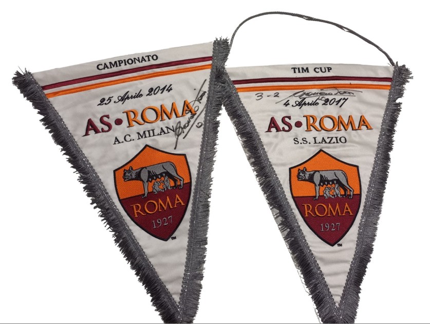 Match-Issued Pennant, Roma vs Milan 2014 + Match-Issued Pennant, Roma vs Lazio TIM Cup 2014 - Signed by Francesco Totti