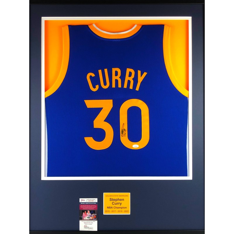 Maglia firmata e incorniciata di Steph Curry dei Golden State Warriors