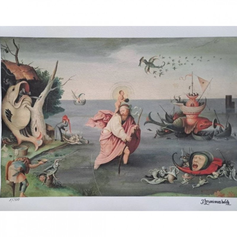 "Saint Christopher Carrying the Christ Child through a Sinful World" Lithograph Signed by Hieronymus Bosch