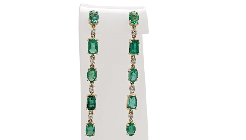 5.10 Carat Long Emerald and Diamond 14K Yellow Gold Earrings