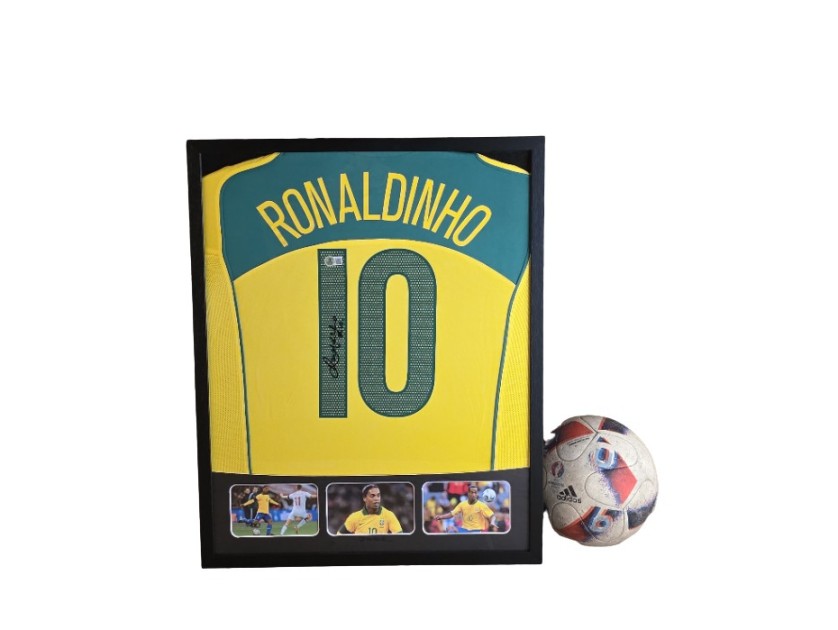 Ronaldinho's Brazil Signed Shirt in a Deluxe High-Quality Frame