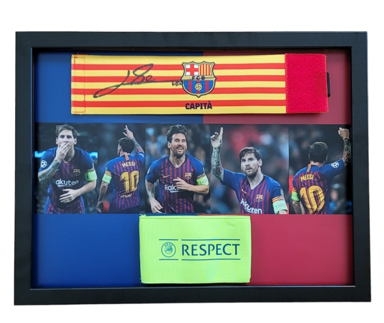 Framed UCL Captain's Armband "Respect" + Barcelona Captain's Armband - Signed by Lionel Messi