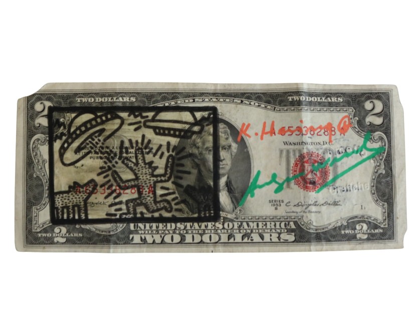 Two-Dollar Bill Hand Signed by Keith Haring and Andy Warhol