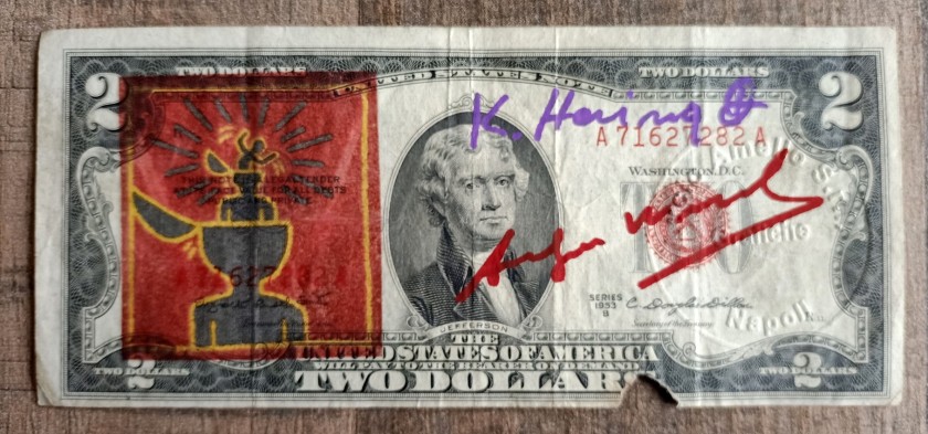 Keith Haring, Andy Warhol and Lucio Amelio Signed Two Dollars Banknote