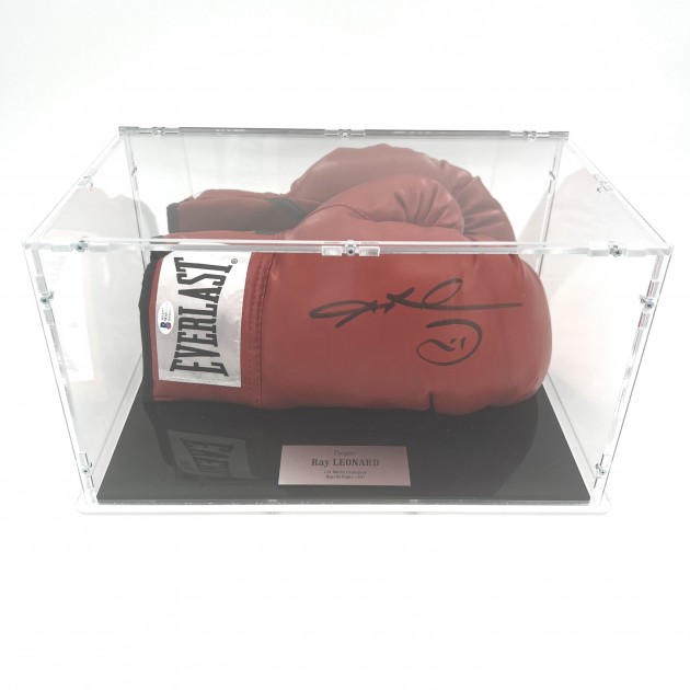 Sugar Ray Leonard Signed Boxing Glove in Display Case