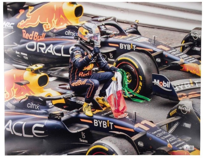 Red Bull Racing Sergio Perez Signed Photograph Sitting on Car