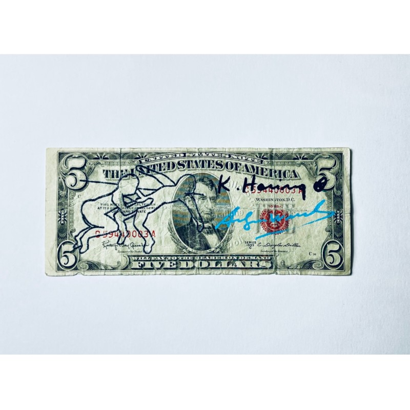Cinque dollari serigrafati firmati a mano da Keith Haring e Andy Warhol