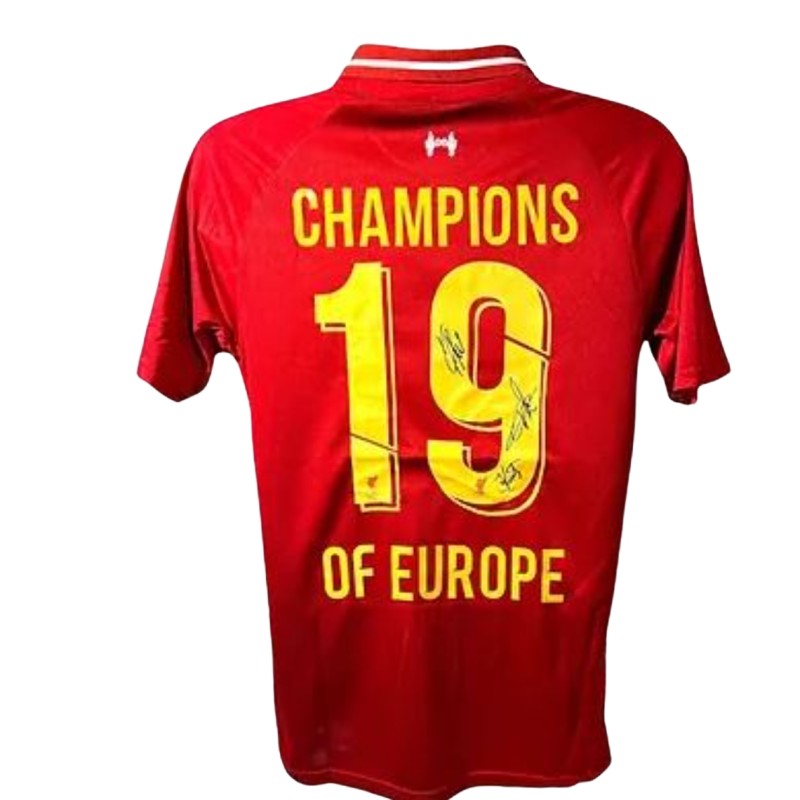 Maglia firmata e incorniciata di Jurgen Klopp, Peter Krawietz e Pep Lijnders della finale di Champions League 2018/19 del Liverpool