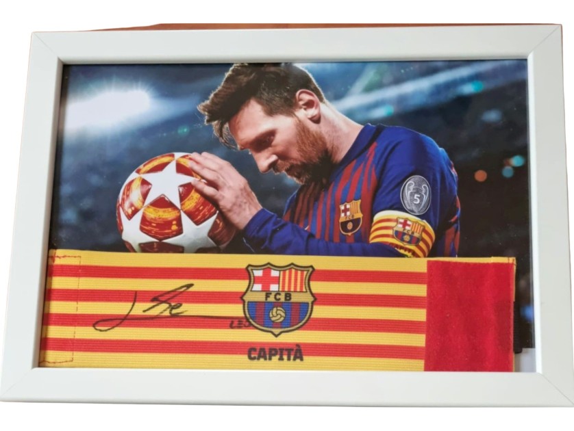 Barcelona Framed Captain's Armband, 2018/19 - Signed by Lionel Messi