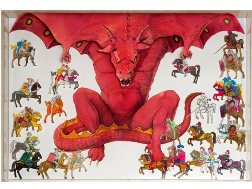 Vanni Cuoghi and the kids of Dynamo Camp "I giorni del dragone" ink on paper and plexiglass 140x100 cm