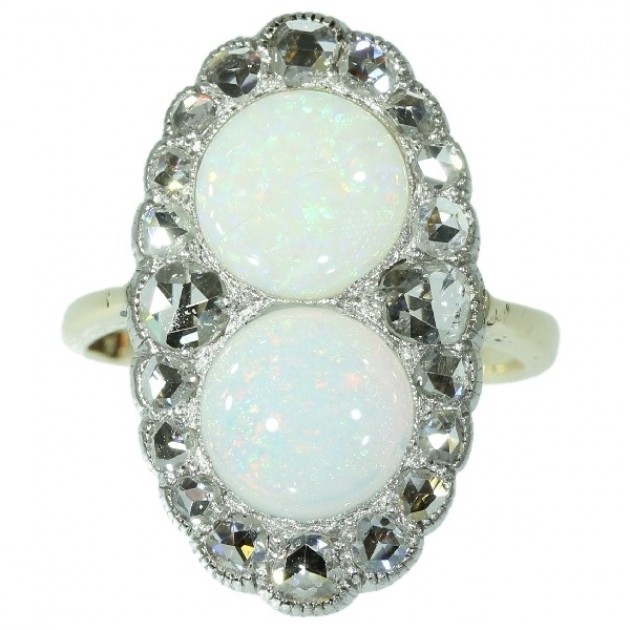 Antique Victorian Engagement Ring with Rose Cut Diamonds and Cabochon Opals