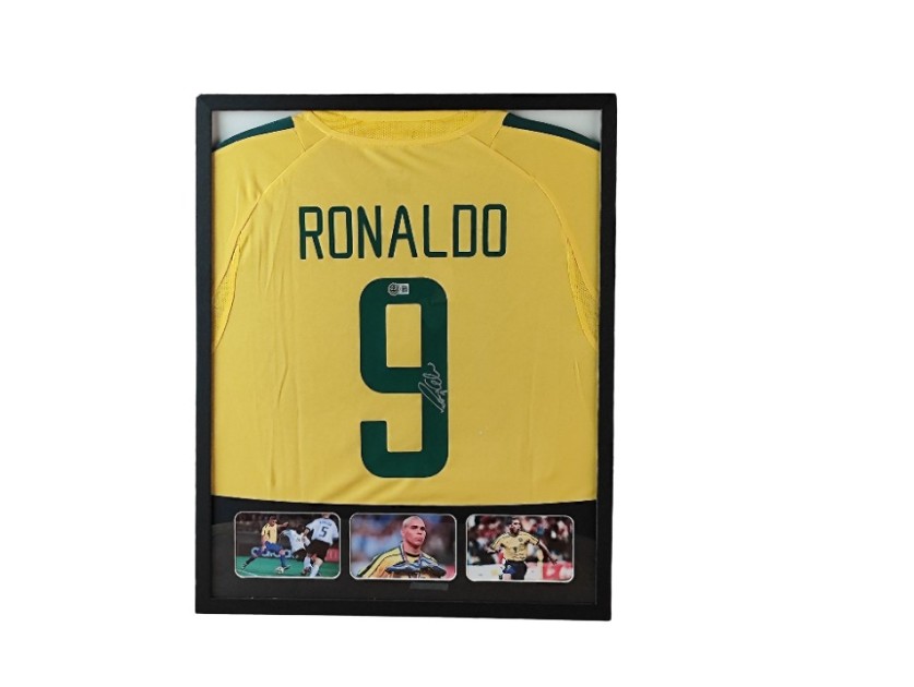 Ronaldo's Brazil Signed Shirt in a Deluxe High-Quality Frame