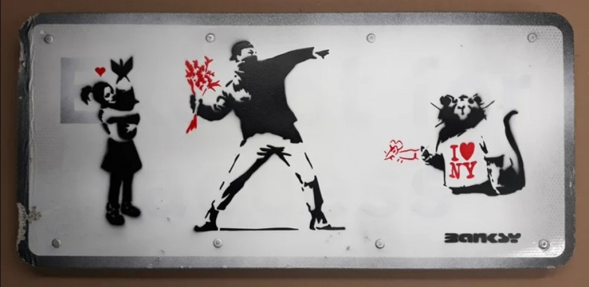 "Flower Trower - Bomb Hugger - I Love NY" Metal Traffic Road Sign by Banksy (Attributed)