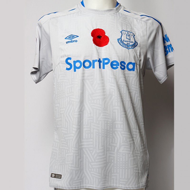 Worn Poppy Away Game Shirt Signed by Everton FC's Jonjoe Kenny
