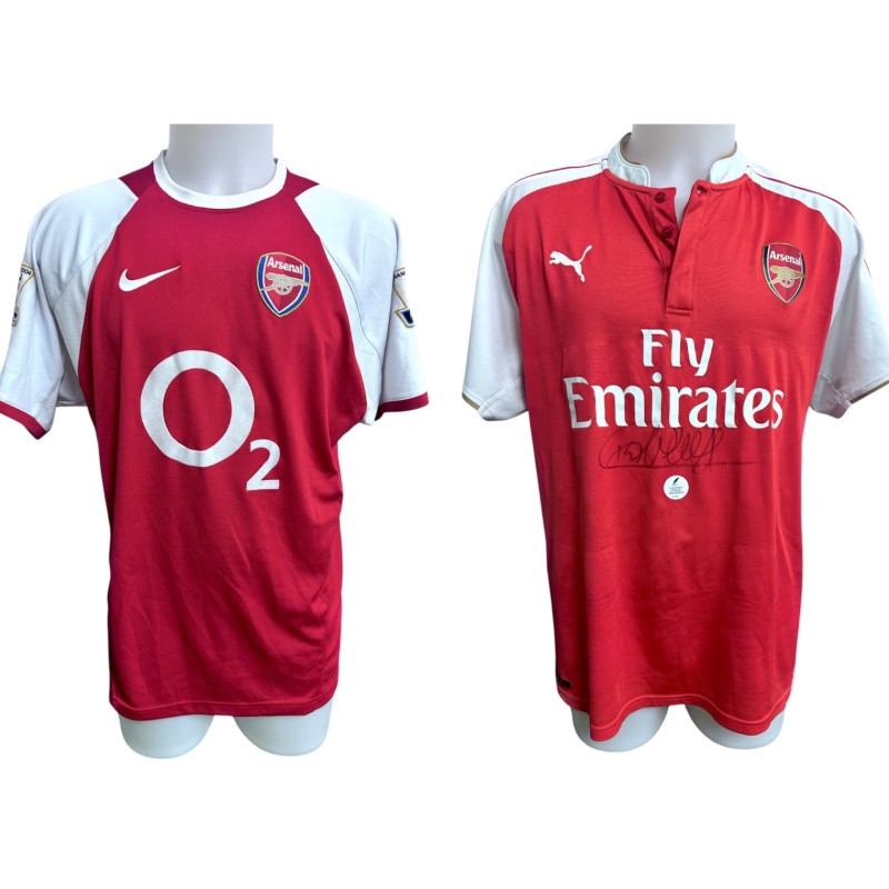 Collection of Two Arsenal Official and Replica Shirts - Signed by Dennis Bergkamp and Thierry Henry