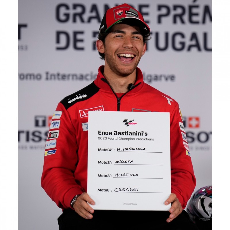 Enea Bastianini's Signed 2023 World Champion Predictions Board from the First Official Press Conference of the 2023 MotoGP™ Season
